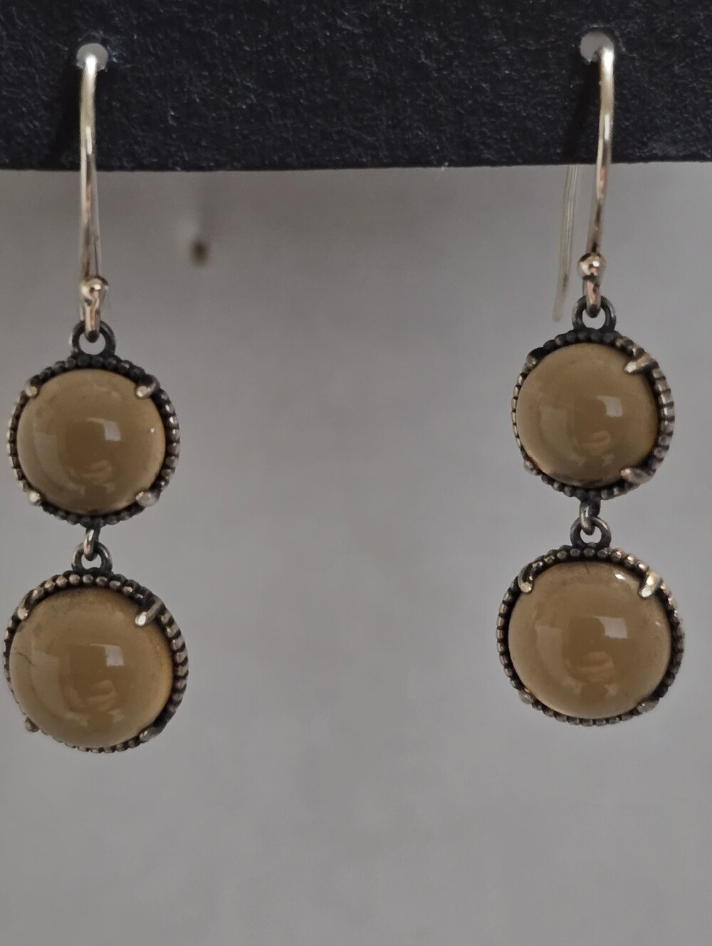 Vintage Sterling Silver Smokey Topaz Cabochon Dangle Hook Earrings 1.3 Inch